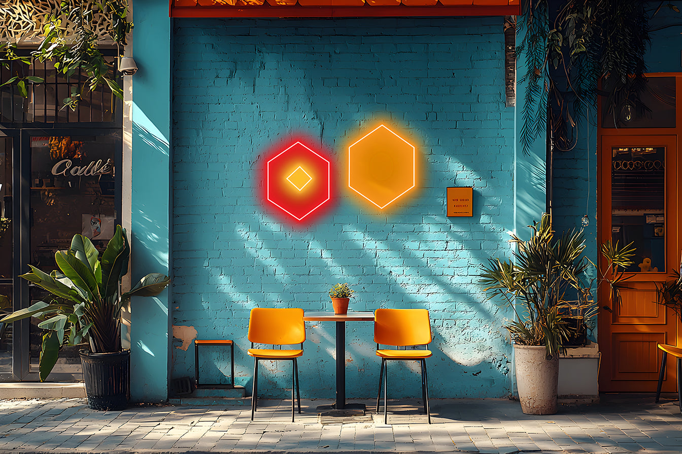 storefront neon hexagons