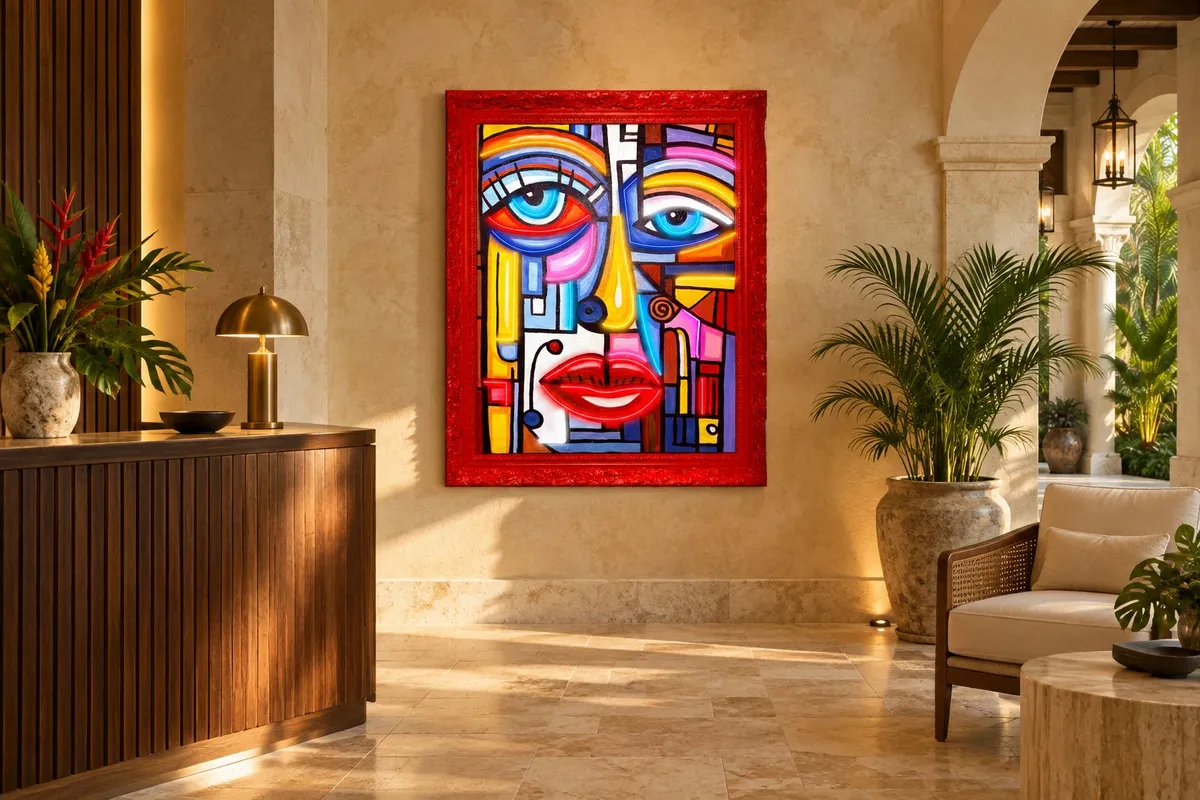 Montaje ilustrativo de Cubista en Neón, con marco rojo, en el lobby de un hotel boutique