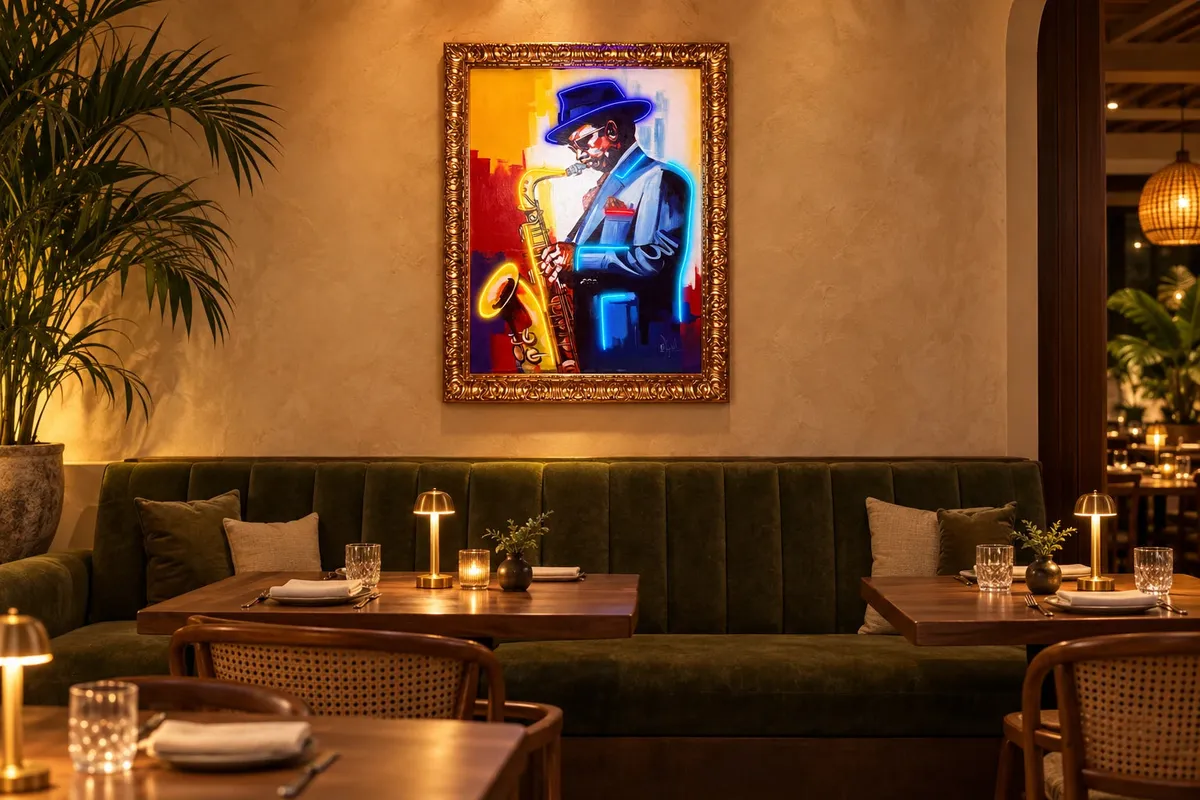 Montaje ilustrativo de Serenata, con marco dorado, sobre una banqueta en un restaurante