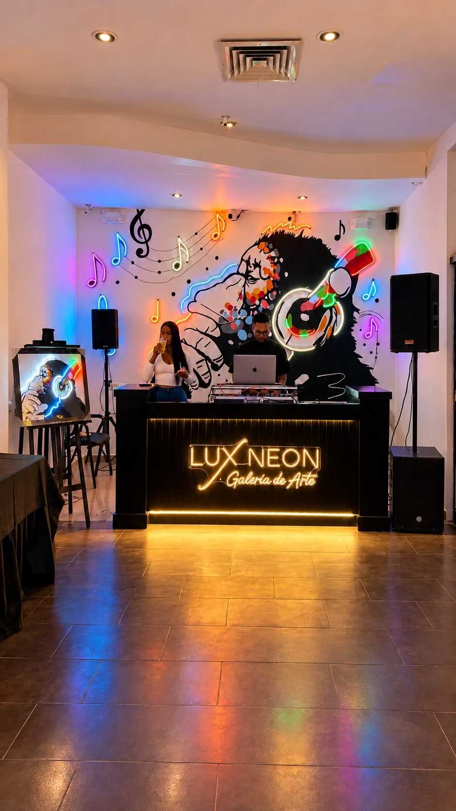 Música frente al mural de neón en Lux Neon, Zona Colonial