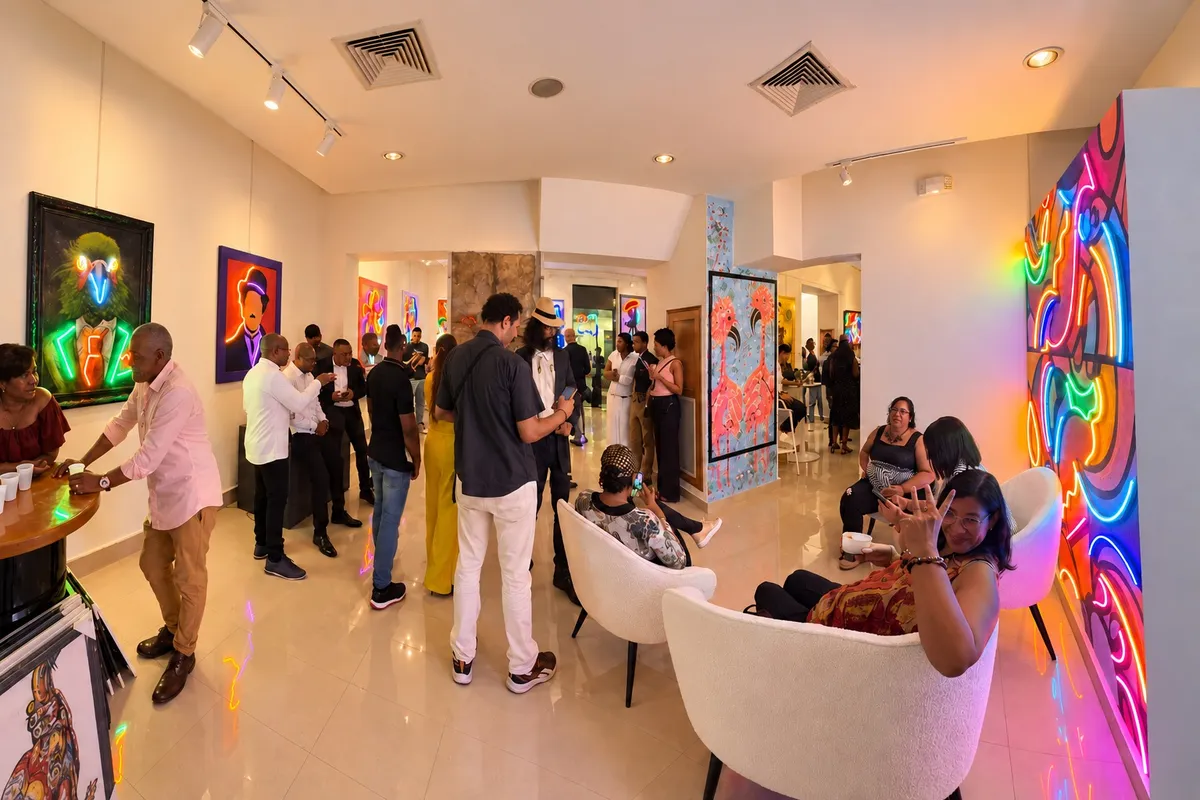 Salas conectadas de la galería con invitados, butacas y un mural de neón