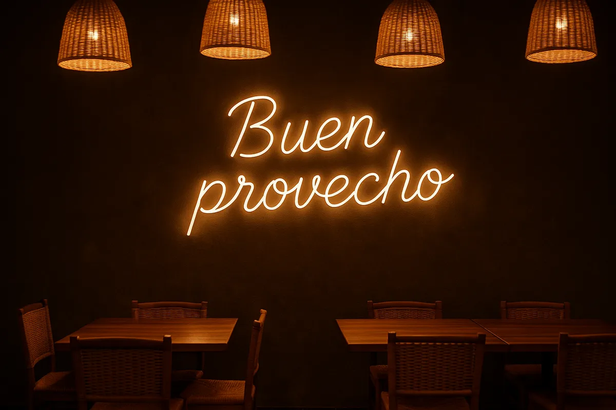 Letrero de neón LED con la frase «Buen provecho» en la pared de un restaurante